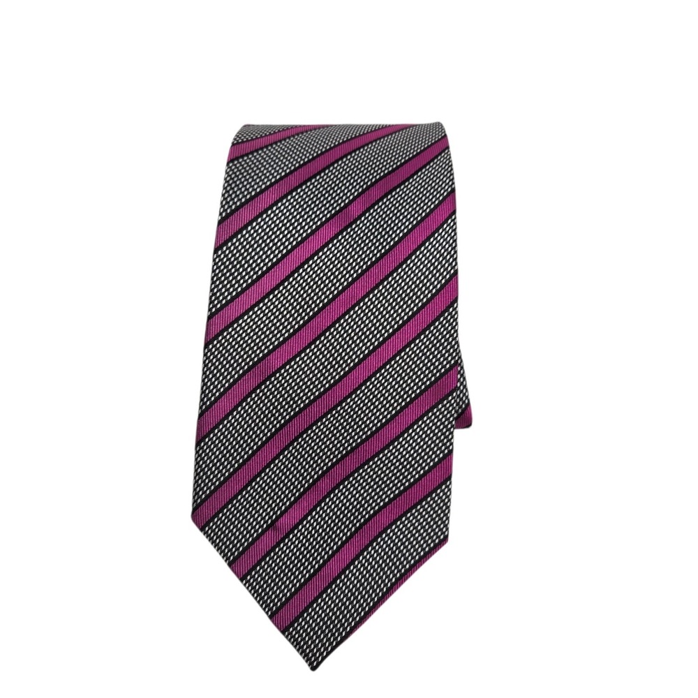 Fabio Fazio 100% Silk Tie Black Gray Pink Diagonal Stripe Men's Necktie